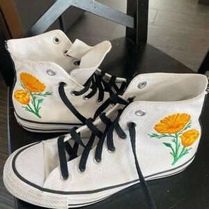 Converse White High-Top Sneakers with Orange Floral Embroidery